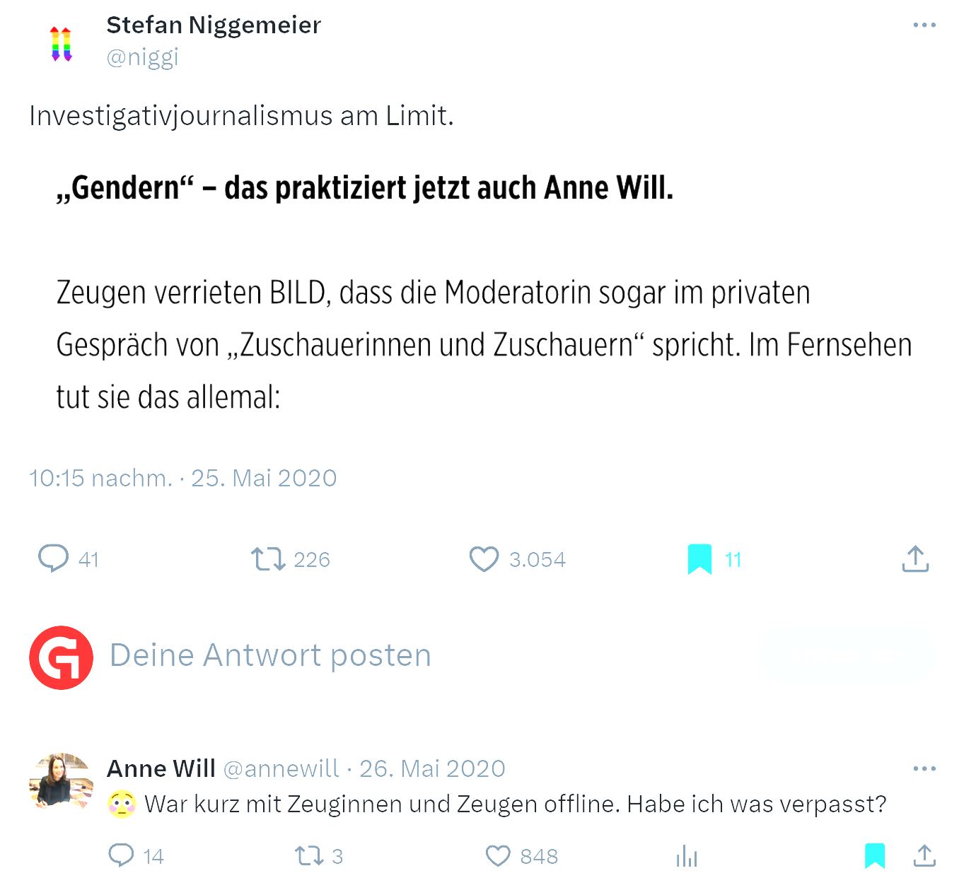 Screenshot Twitter: Investigativjournalismus am Limit: Bildzeitung meldet "Gendern - das praktiziert jetzt auch Anne Will"