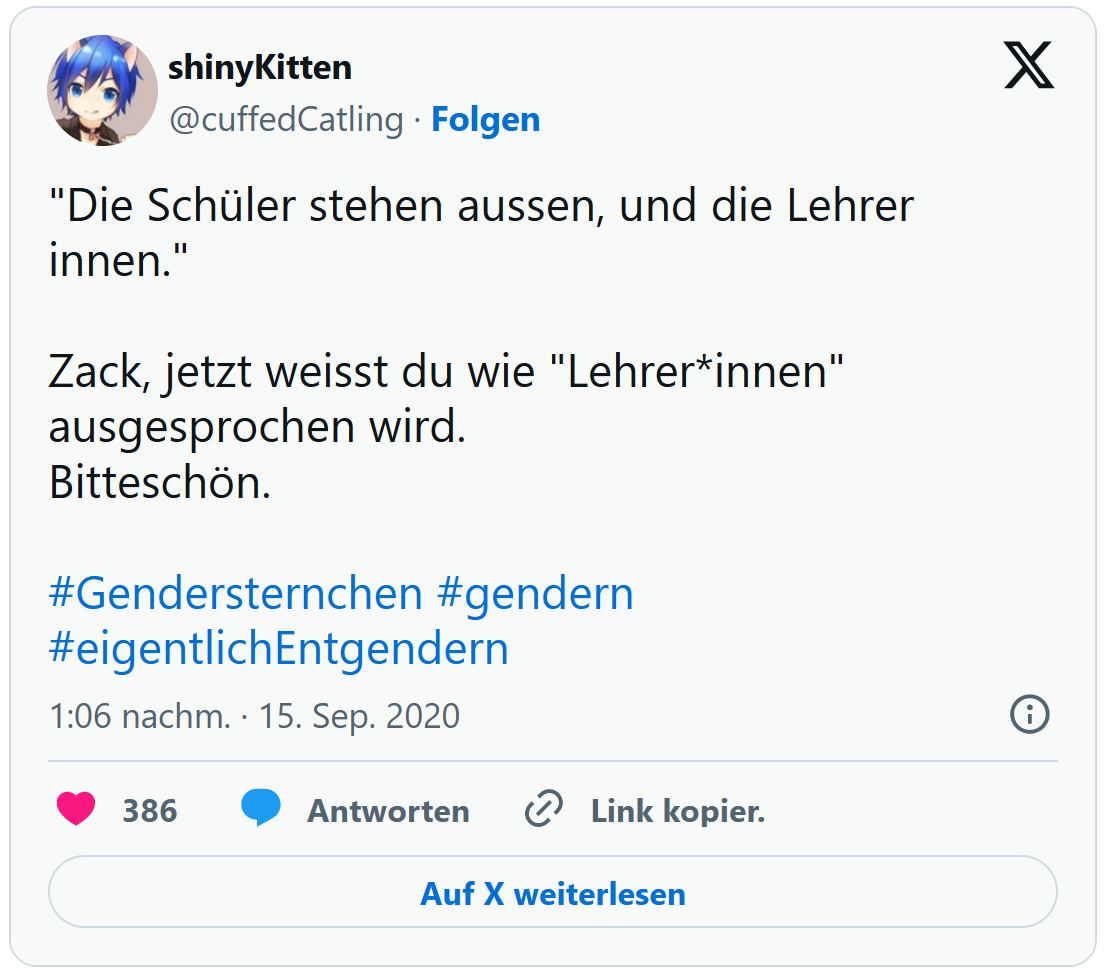 Screenshot Tweet gekürzt: Mein Sohn: "Du bist die Bösewichtin". Ich werde ihm sicher nicht sagen: "ich bin doch eher der Bösewicht". Weil Sprache sich verändert und es das Wort ruhig geben darf. 