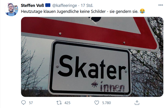 Screenshot Tweet: Heutzutage klauen Jugendliche keine Schilder - sie gendern sie. Dazu Foto von Schild "Skater" mit Stern und -innen ergänzt.