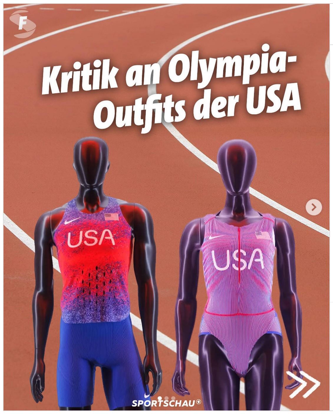 Screenshot Instagram - Foto mit den Trikots für die US-Athlet*innen und Text: Kritik an Olympia-Outfits der USA