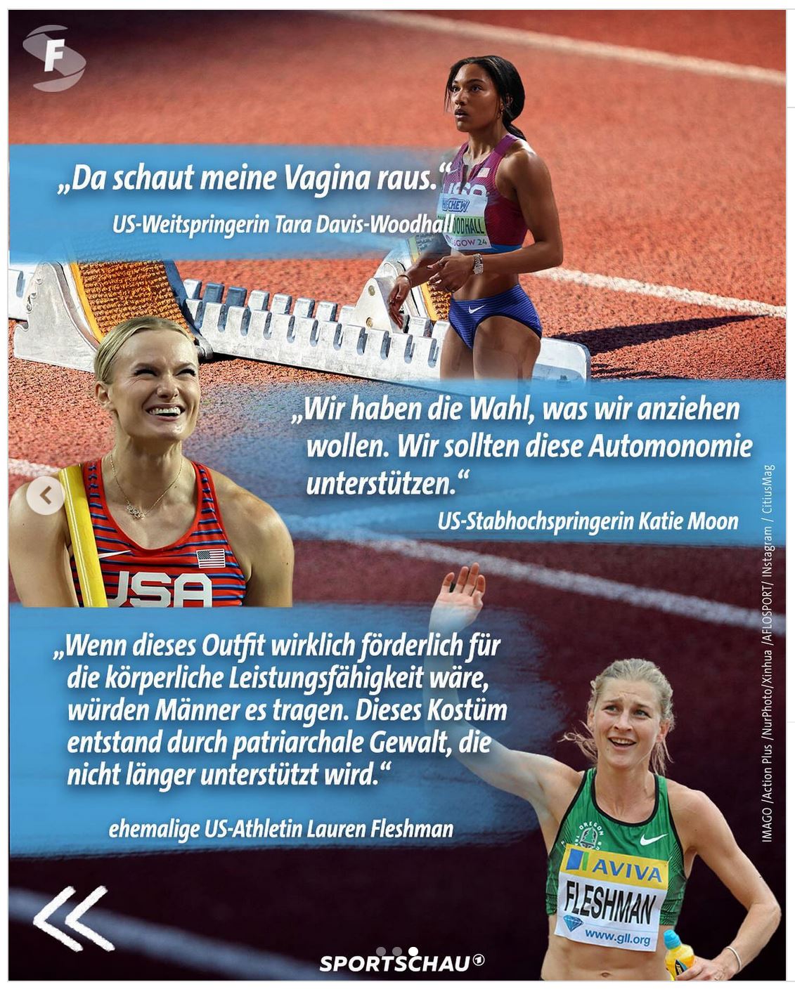 Screenshot Instagram - Foto mit den Trikots für die US-Athlet*innen und Text: Kritik an Olympia-Outfits der USA