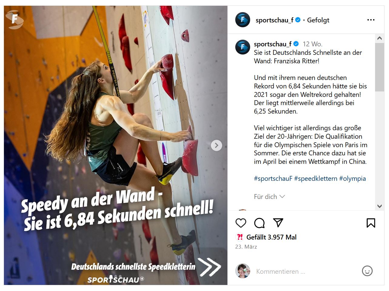 Instagram-Kachel mit Foto einer Kletterin an der Kletterwand, Text: Speedy an der Wand: Sie ist 6,84 Sekunden schnell