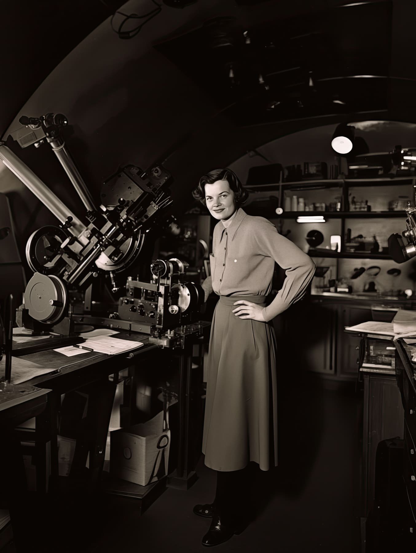 Frau im langen Rock steht an einer Art Teleskop, Bild im Stil eines historischen schwarz-weiß-Fotos