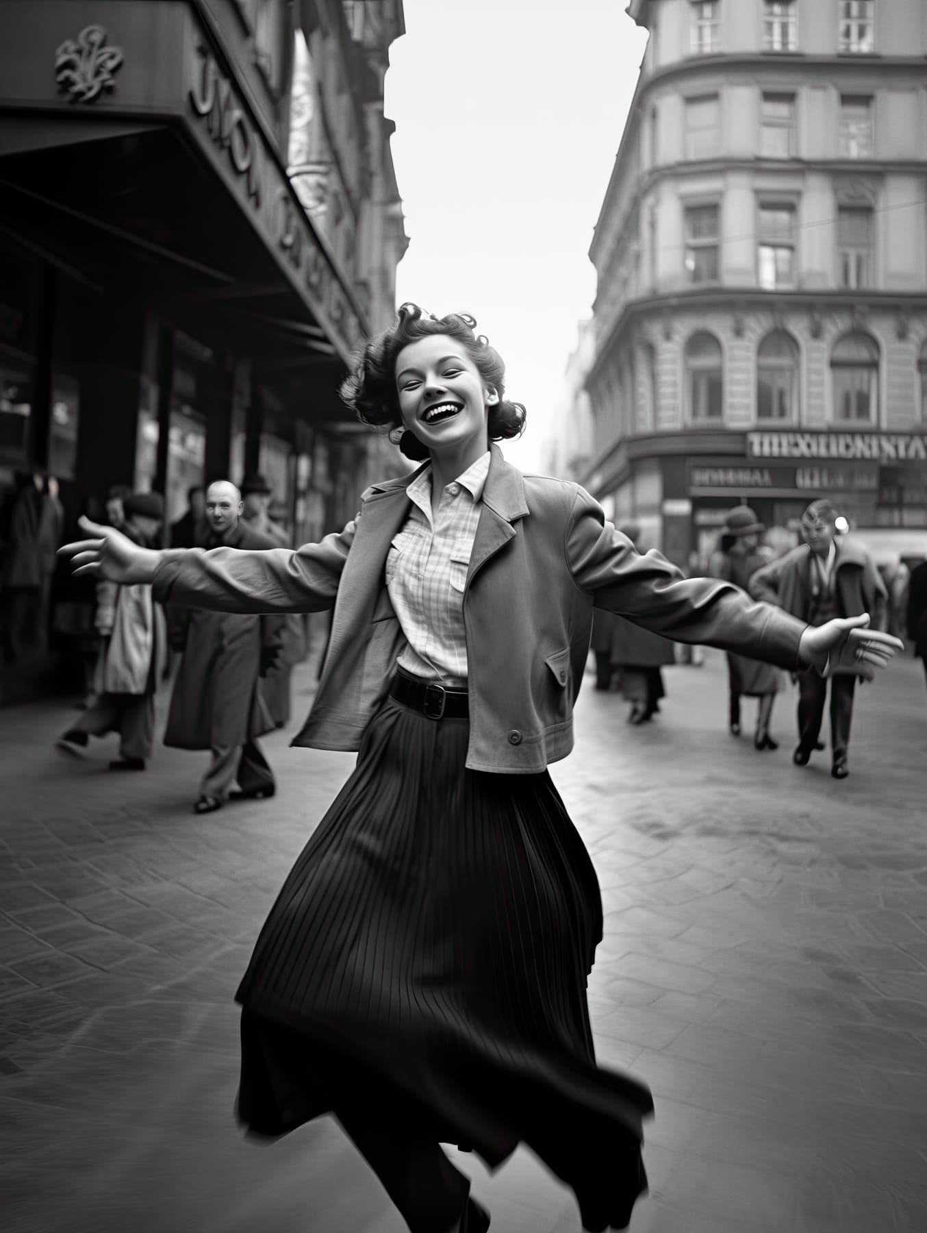 Junge Frau tanzt auf der Straße - schwarz-weiß-Foto im Stil der 40er Jahre