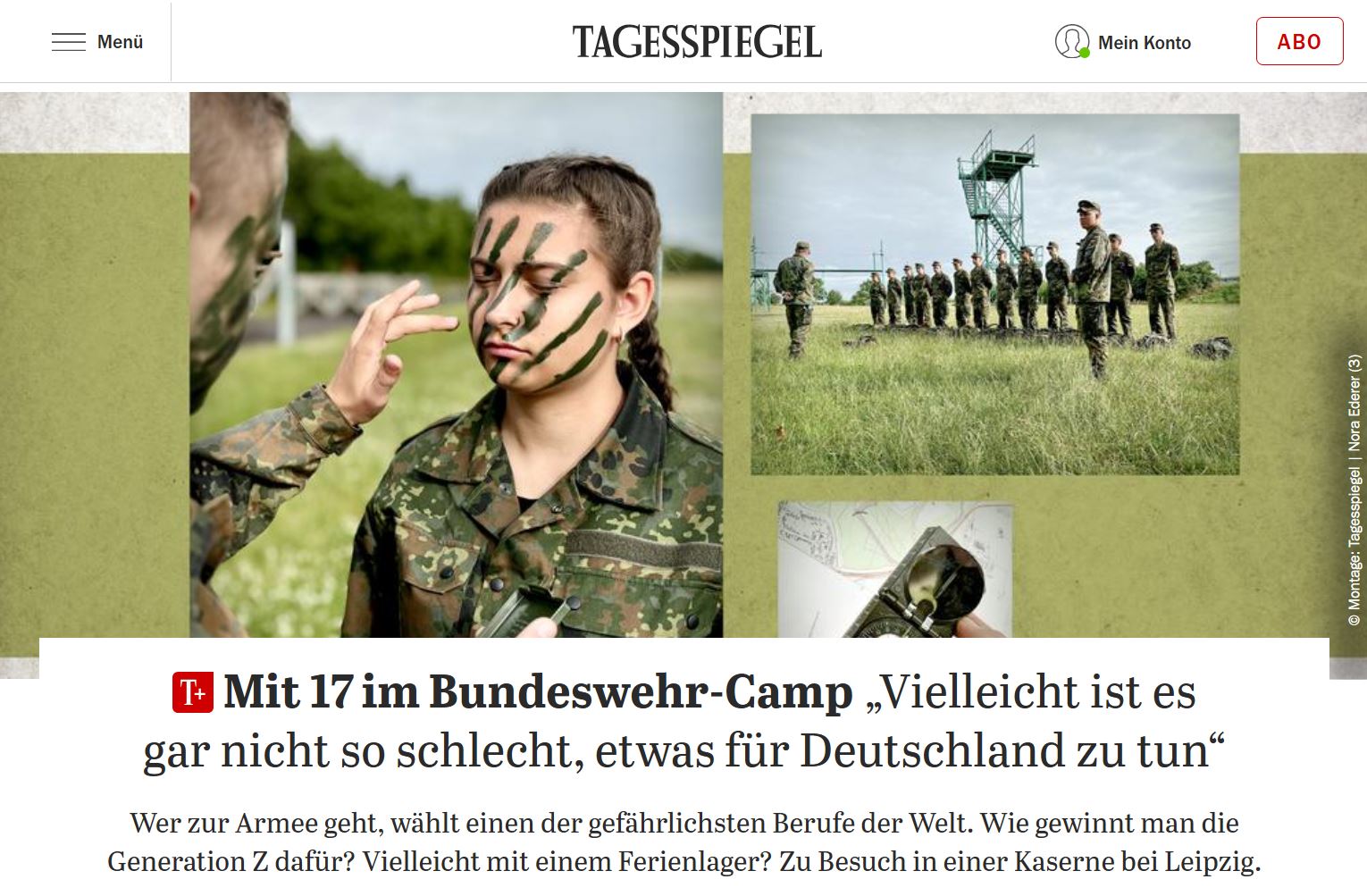 Ein junges Mädchen in grüngefleckter Uniform der Bundeswehr. Jemand trägt Tarnfarbe auf ihrem Gesicht auf.