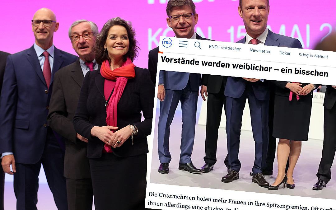 Auf dem Foto mit vier Männer und einer Frau aus dem Vorstand der Telekom liegt ein Screenshot mit einem Bericht aus dem Redaktionsnetzerk Deutschland. Auf diesem Foto sind nur die Beine - und insbesondere die Pumps der Frau, Claudia Nemat, zu sehen.