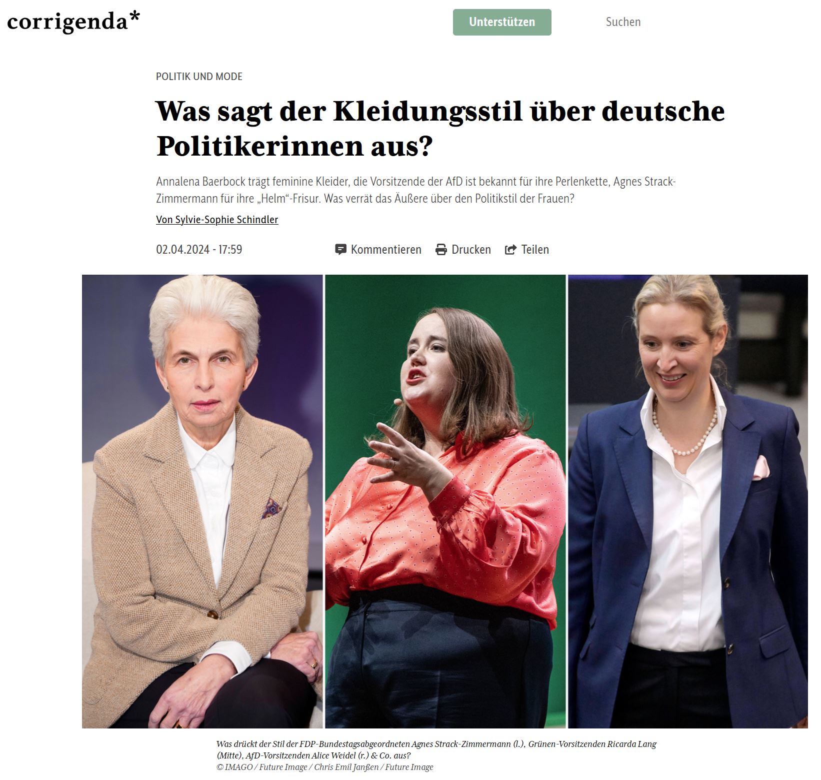 Screenshot mit drei Fotos der Politikerinnen Marie-Agnes Strack-Zimmermann, Ricarda Lang und Alice Weidel