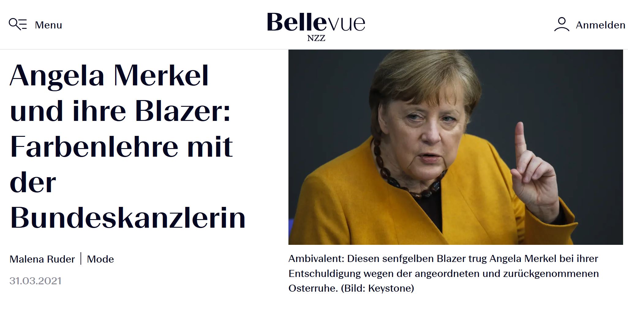 Screenshot Foto: Die Ex-Bundeskanzlerin in einem gelben Blazer mit Überschrift: Angela Merkel und ihre Blazer: Farbenlehre mit der Bundeskanzlerin