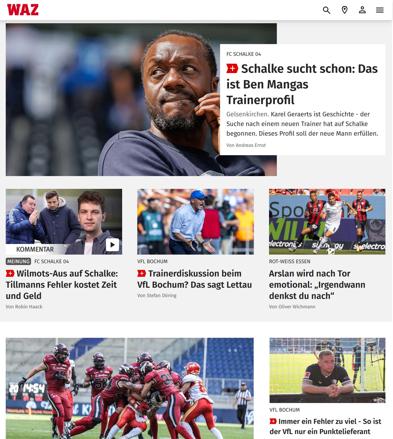 Screenshot des Sportteils von WAZ online: Viele Bilder mit Männer, die Sport machen