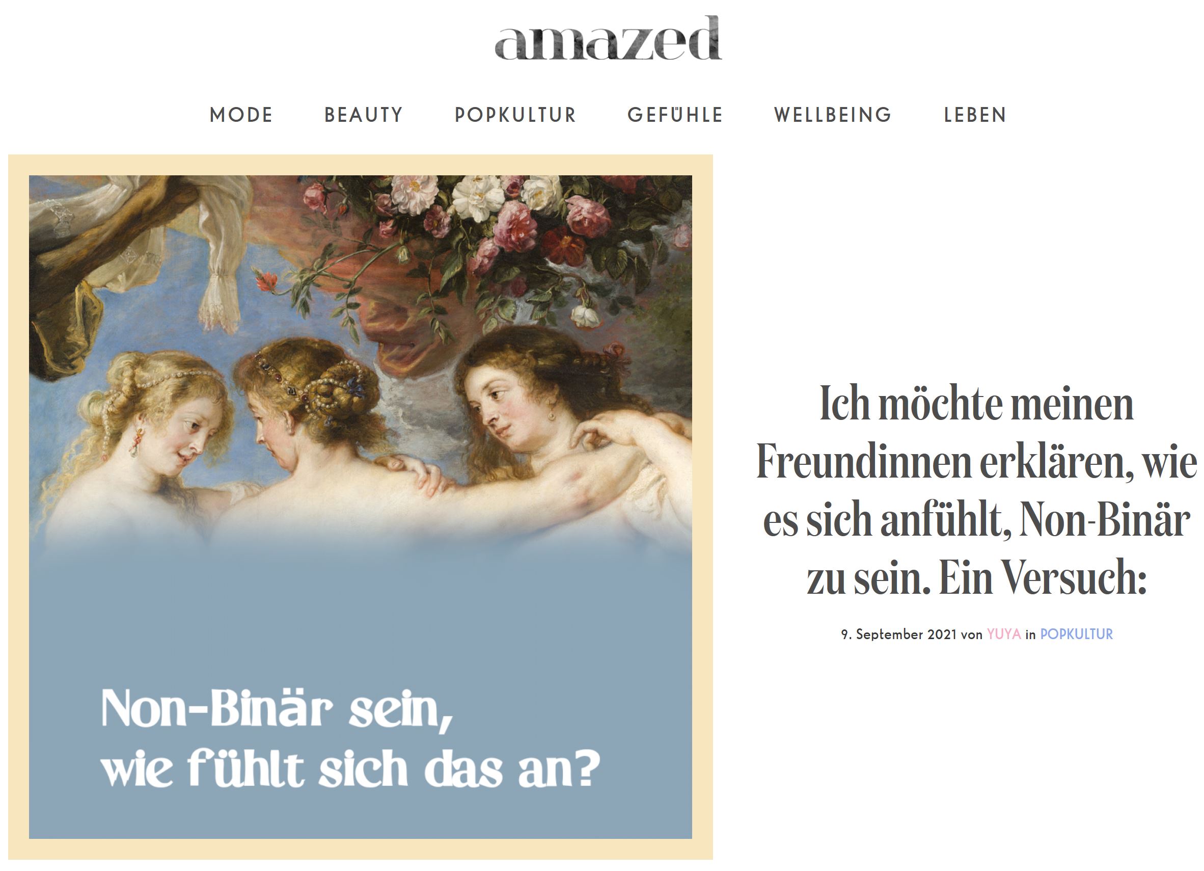 Screenshot einer Artikelillustration mit dem historischen Rubens-Gemälde von drei jungen Frauen, die sich in einer vertrauten Geste tief in die Augen schauen. Text: "Non-Binär sein, wie fühlt sich das an?"