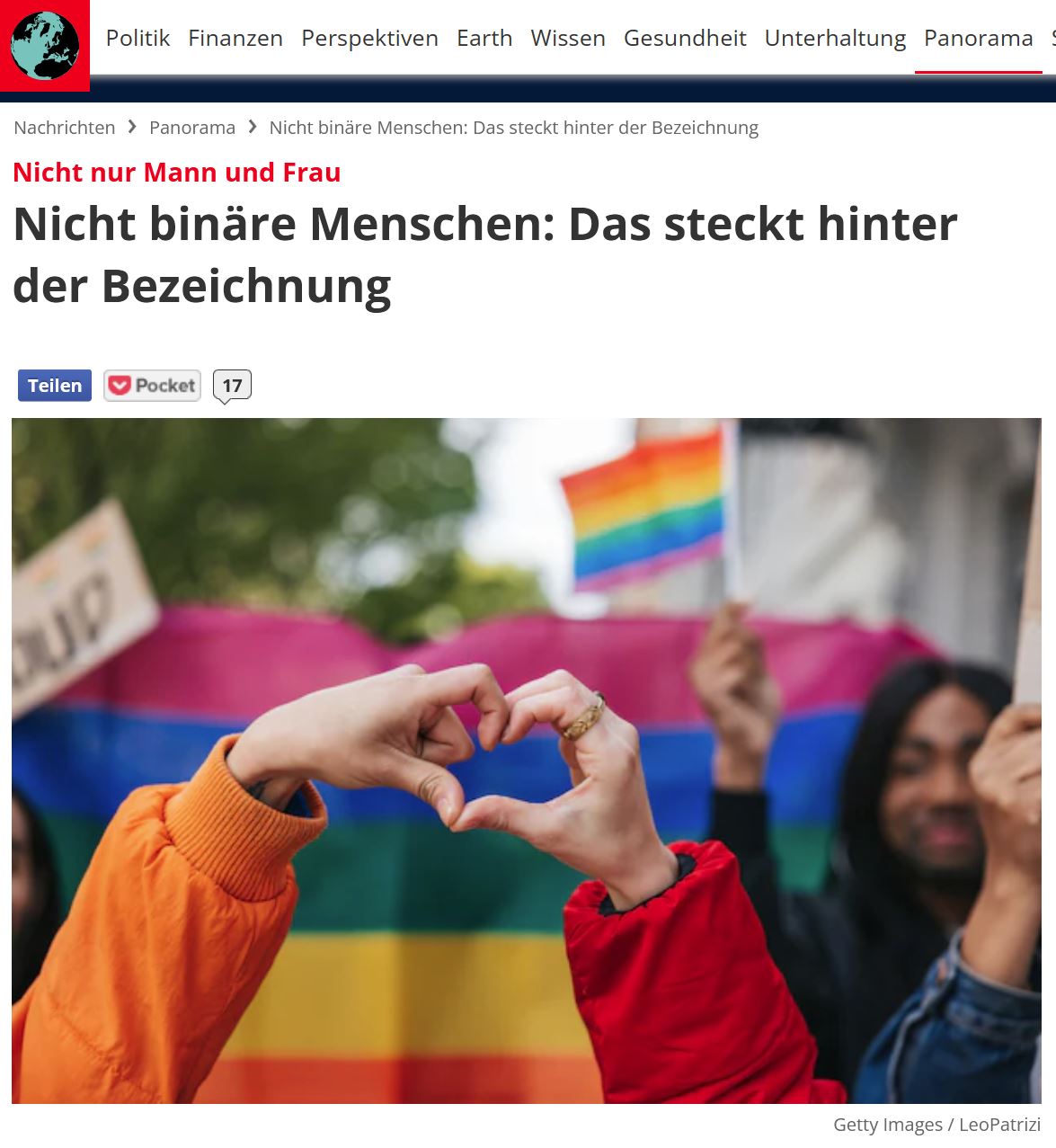 Screenshot Fokus, Foto: Zwei Hände bilden das Herzzeichen vor einer Regenbogenflagge, Überschrift: Nichbinäre Menschen, das steckt hinter der Bezeichnung